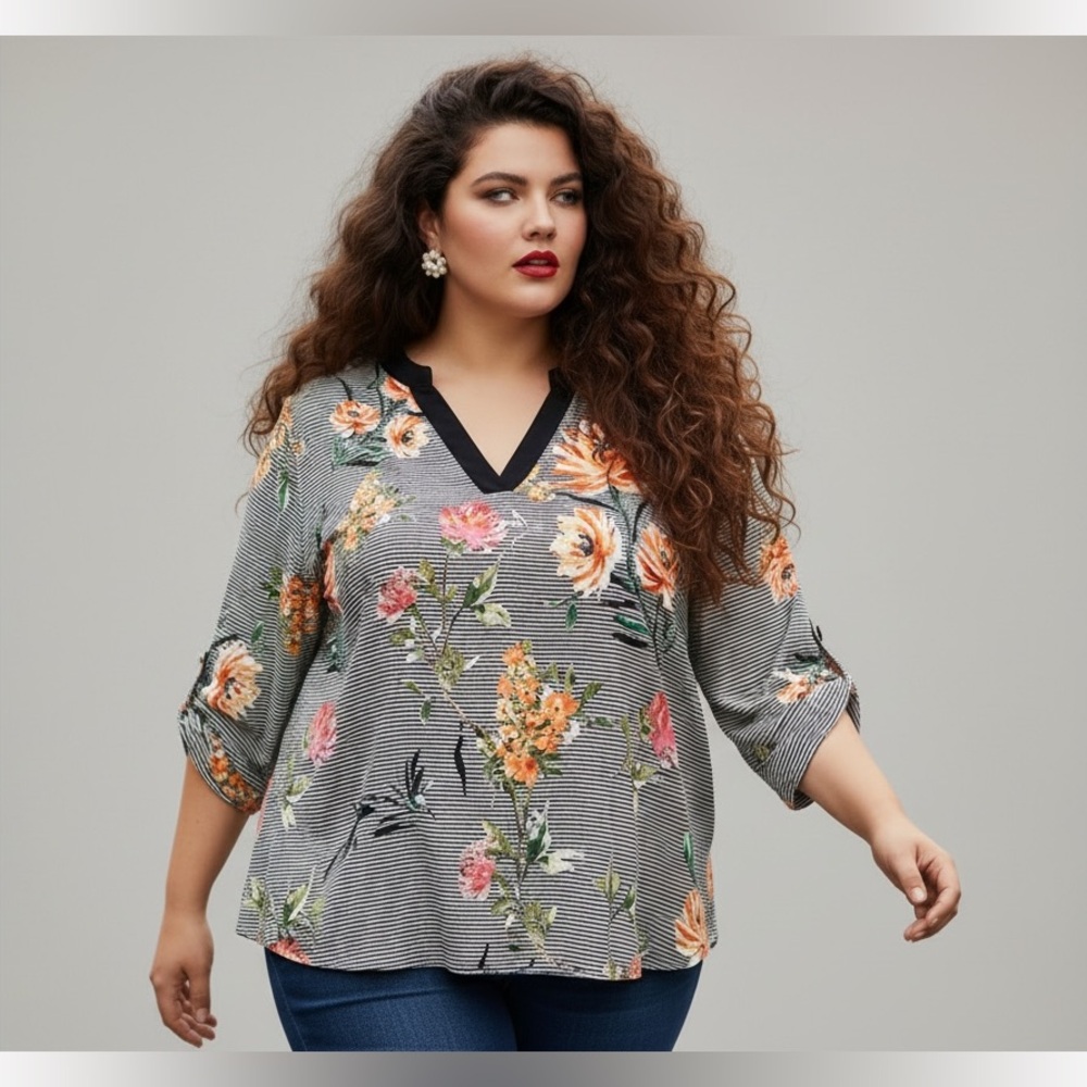 Tacera Striped Floral V-Neck Blouse 2X Roll-Tab Sleeves